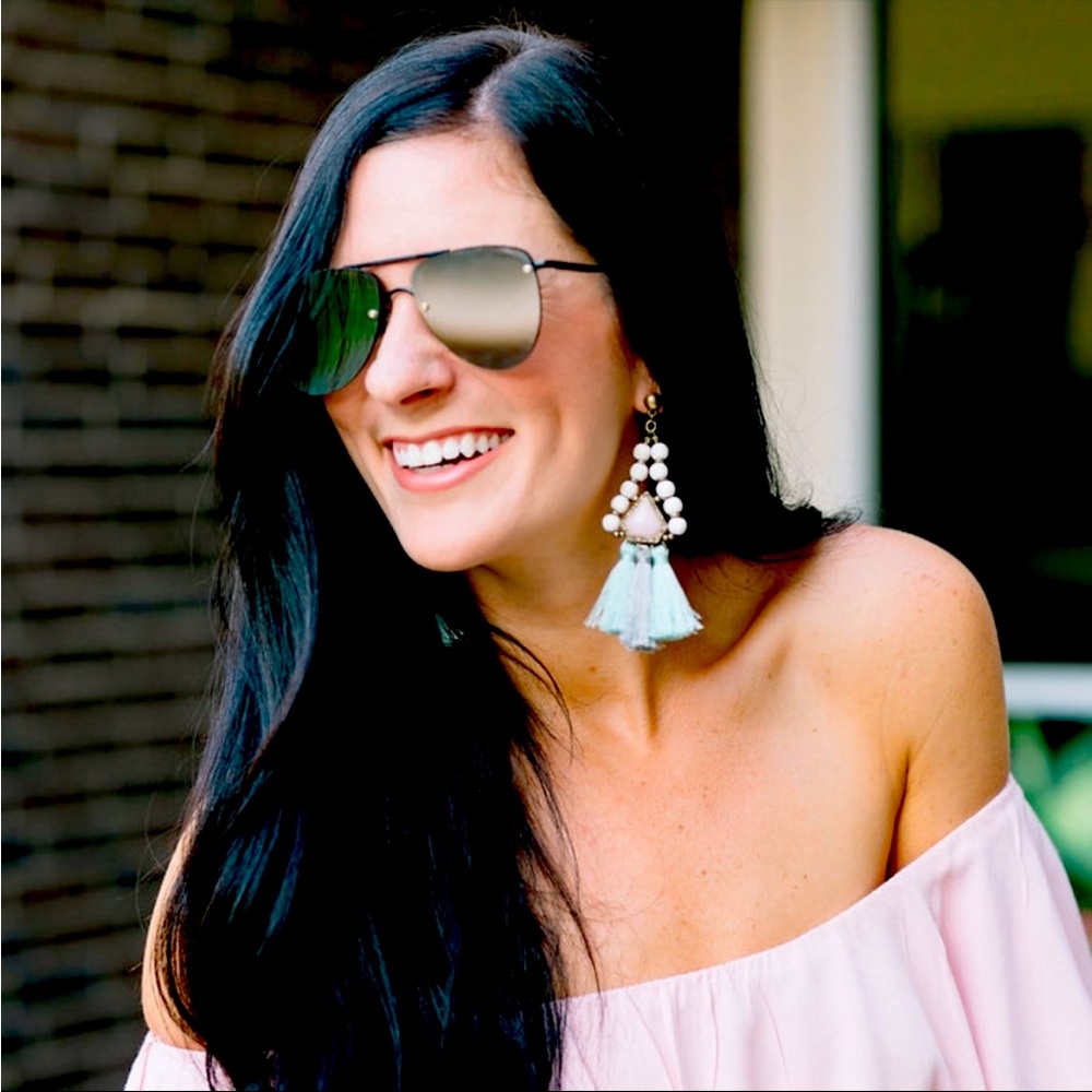 White, pink and teal tassel statement earrings